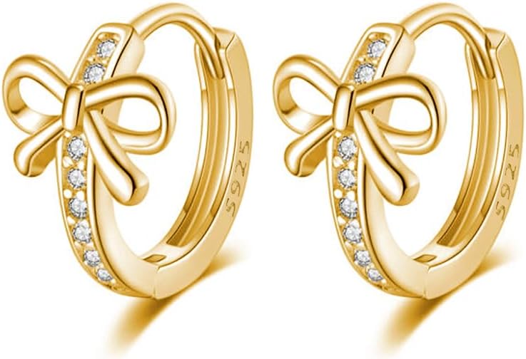 Reffeer Solid 925 Sterling Silver CZ Bow Hoop Earrings Ribbon for Women Teen Girls Bowknot Hoop Earrings Huggie - Image 1